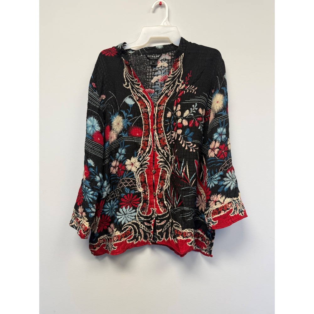 Citron Santa Monica 100% Silk Floral Embroidered Button Front Blouse Black Large